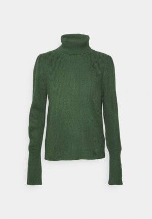 Suéter verde de cuello alto acanalado con mangas largas, que presenta un diseño ajustado y una textura suave. El material parece ser de punto con un ligero estiramiento.