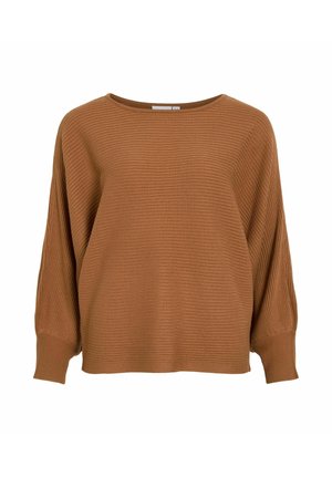 Brauner gerippter Pullover mit weitem Halsausschnitt und überschnittenen Schultern. Hergestellt aus einem weichen, strukturierten Stoff. Cropped-Schnitt mit langen, lockeren Ärmeln.