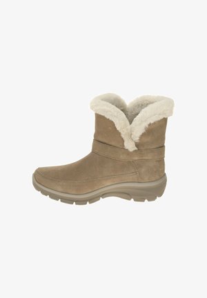 Suede ankle boots in tan with a soft white fur lining. Features a rounded toe and thick rubber sole for cushioning and grip.
