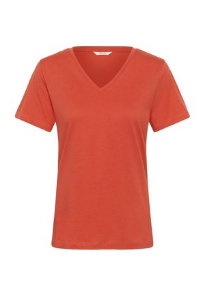 V-hals T-shirt met korte mouwen in levendig oranje, gemaakt van zacht katoenen materiaal, met een losse pasvorm en subtiele stikseldetails langs de zoom.