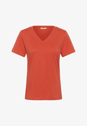 V-Ausschnitt T-Shirt mit kurzen Ärmeln in lebhaftem Orange, aus weichem Baumwollmaterial, mit legerer Passform und dezentem Nahtdetail am Saum.