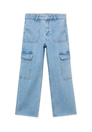 Light blue denim cargo pants with a loose fit, featuring two large side pockets, a frayed hem, and traditional five-pocket styling.