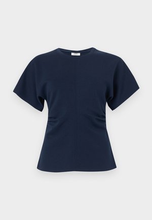 Haut pour femme à manches courtes bleu marine avec encolure ronde et léger froncé à la taille, présenté sur fond blanc uni.