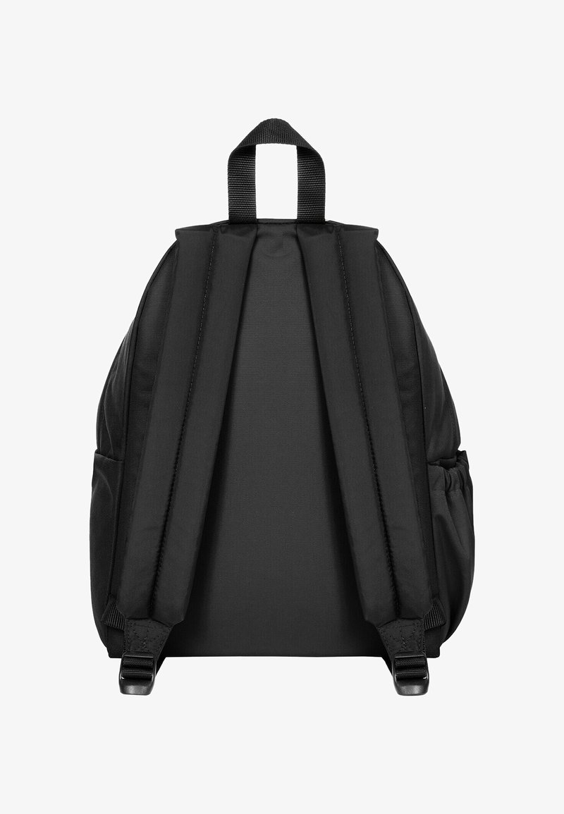 Black backpack featuring padded shoulder straps, a top carry handle, and side pockets. Made of durable fabric with a smooth texture.