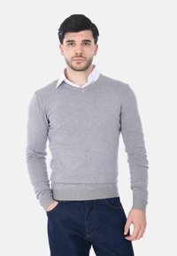 Un uomo con capelli scuri e barba indossa un maglione grigio chiaro a V sopra una camicia bianca con colletto e jeans blu scuri, in piedi con una mano in tasca.