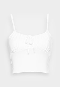 Top branco cropped com alças finas ajustáveis, detalhe de tecido pregueado na zona do peito e cordão ajustável na bainha da frente. Material suave e elástico.