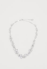 Silver-toned necklace with multiple clear gemstones in various sizes, arranged in a delicate pattern, featuring a lobster clasp closure.