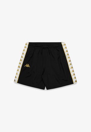 Shorts noirs avec une taille élastique, ornés d'une bande latérale blanche et dorée avec un motif de logo répété et une fermeture à cordon.