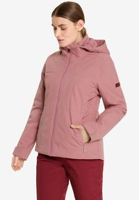 Rosa Kapuzenjacke mit einem durchgehenden Reißverschluss, ausgestattet mit Fronttaschen und kontrastierenden Reißverschlüssen. Strukturierter Stoff mit glatter Oberfläche.