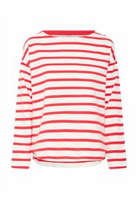 Rot-weißer gestreifter Langarmshirt mit Bootsausschnitt und Seitenschlitzen am Saum, aus weichem, leichtem Material.