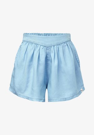 Shorts taille haute bleu clair avec tissu froncé, large ceinture, poches latérales et petite étiquette blanche de la marque sur l’ourlet.
