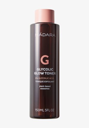 Bruine fles van Mádara Glycolic Glow toner met een roze dop, gelabeld met 5% glycolzuur, plantaardige exosomen, 150 ml.