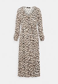 Käytännöllinen midi-mekko leopardikuosilla, jossa on pitkät hihat, v-mallinen kaula-aukko, sidottava vyötärö ja virtaava siluetti kermassa, mustassa ja ruskeassa värissä.