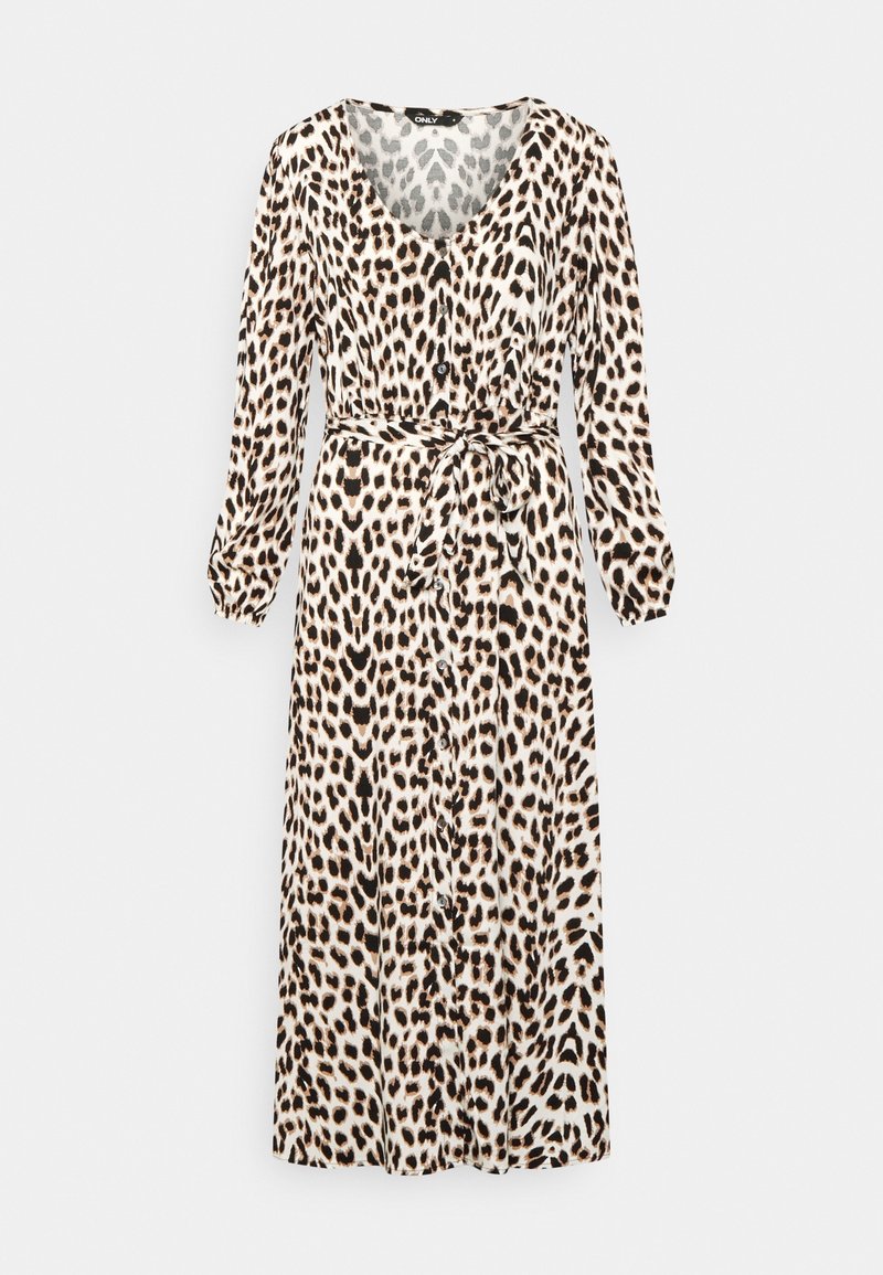 Käytännöllinen midi-mekko leopardikuosilla, jossa on pitkät hihat, v-mallinen kaula-aukko, sidottava vyötärö ja virtaava siluetti kermassa, mustassa ja ruskeassa värissä.