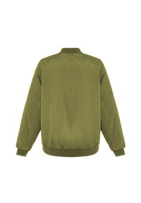 Olivgrön bomberjacka med ribbad krage och muddar, i slät nylonmaterial. Har elastisk nederkant och en minimalistisk design.
