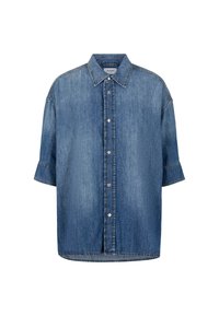 Oversized denim shirt in dark blue, button-down front, and short sleeves with a slightly rounded hem. Features contrasting stitching.