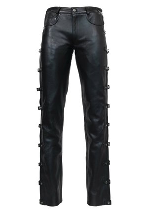 Zwarte leren broek met een recht design, voorzien van zij-toggle sluitingen, een gladde textuur en voorzakken.
