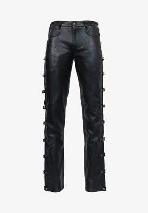 Schwarze Lederhosen mit geradem Schnitt, ausgestattet mit seitlichen Toggle-Verschlüssen, glatter Textur und vorderen Taschen.