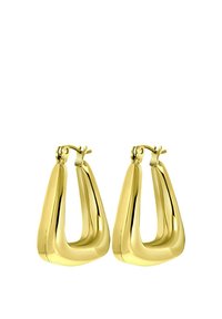 Gouden hoepel oorbellen met een gladde, glanzende afwerking. Ze hebben een afgerond, geometrisch ontwerp en veilige clip-on sluitingen.