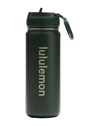 Butelka na wodę z izolacją w ciemnozielonym kolorze, z klapką na górze i uchwytem do przenoszenia, oznaczona pionowo logo "lululemon" po boku.