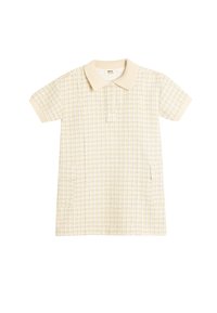 Krótkosleeve'owa sukienka polo w kolorze kremowym, z teksturowanym, kratkowanym wzorem w żółtym i niebieskim. Posiada ryflowany kołnierzyk oraz dwie przednie kieszenie.