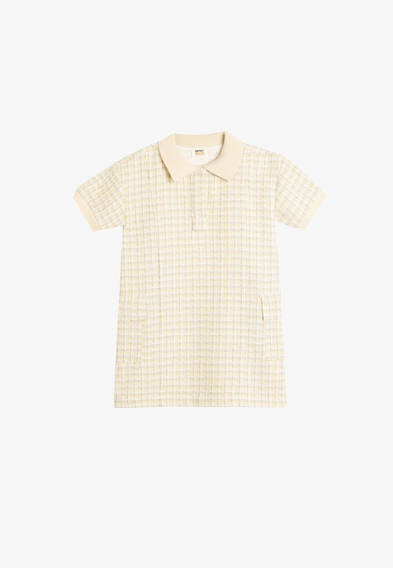 Kortærmet polo kjole i creme med et struktureret ternet mønster i gul og blå. Har en ribbet krave og to frontlommer.