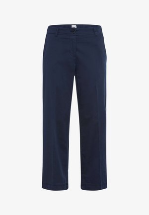 Pantaloni corti da donna blu navy con chiusura a bottone e cerniera, passanti per cintura e vestibilità a gamba dritta.