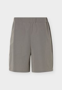 Γκρι casual σορτς με ίσια κοπή, ελαστική μέση και μήκος μέχρι το γόνατο σε λευκό μονόχρωμο φόντο.