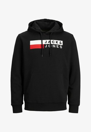 Black hoodie made of cotton blend, featuring a front pocket and adjustable drawstrings. Logo in white and red horizontal stripes.