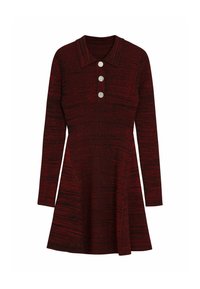 Vestito rosso lavorato a maglia con maniche lunghe, colletto e tre bottoni decorativi sul davanti. Forma a trapezio con motivo testurizzato su tutta la superficie.