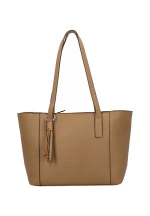 Sac fourre-tout en cuir tan avec une surface texturée, deux poignées pour l'épaule et un accent de frange sur le côté. Présente un design simple et ouvert.