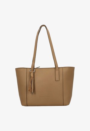 Borsa tote in pelle color cuoio con superficie texture, due manici per spalla e un accento con nappina sul lato. Caratterizzata da un design semplice e aperto.