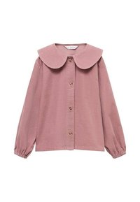 Blusa in corduroy rosa con grande colletto rotondo, maniche lunghe e chiusura frontale con bottoni. Presenta un tessuto texturizzato e sottili arricciature ai polsini delle maniche.