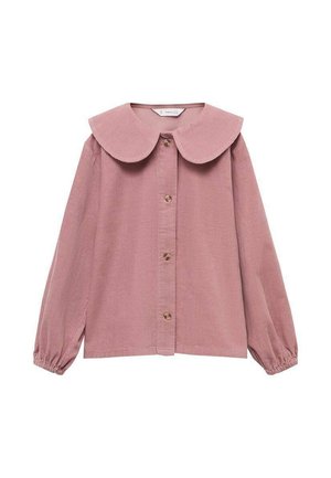 Roze corduroy blouse met een grote ronde kraag, lange mouwen en een knoopsluiting aan de voorkant. Kenmerkt zich door een gestructureerde stof en subtiele plooien bij de mouwkappen.
