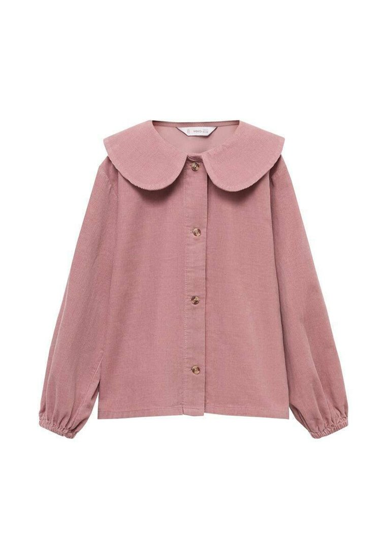 Roza kordna bluzica z velikim okroundim ovratnikom, dolgimi rokavi in sprednjim gumbom. Ima teksturirano tkanino in subtilne naborke na manšetah rokavov.