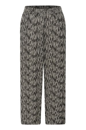 Black and white cropped trousers with a vertical striped pattern, featuring an elastic waistband and lightweight fabric texture.