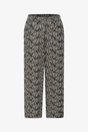 Pantalons raccourcis noir et blanc avec un motif rayé vertical, dotés d'une taille élastique et d'une texture de tissu léger.