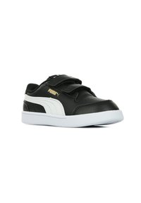 Sneaker sintetiche nere con strisce di accento bianche, dotate di due cinturini in velcro, punta arrotondata e parte anteriore testurizzata. Dettaglio del logo dorato incluso.