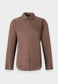 Καφέ βαμβακερό πουκάμισο με κουμπιά, μακριά μανίκια, κλασικό γιακά και κούμπωμα μπροστά, με λεία υφή και εφαρμοστή γραμμή.