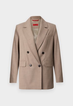 Beige Doppelreiher-Blazer aus strukturiertem Stoff, mit Reverskragen, zwei vorderen Taschen und schwarzen Knöpfen. Futter im Inneren.