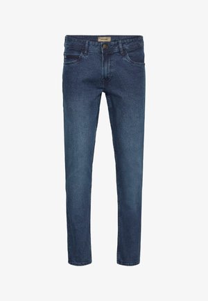 Jeans in denim blu scuro con un classico design a cinque tasche, gamba dritta, vita standard e leggera scoloritura per un effetto usato.