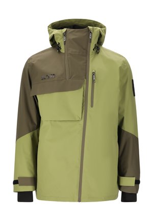 Herren wasserdichte Jacke in Olivgrün und Dunkelgrün; ausgestattet mit einem hohen Kragen, verstellbarer Kapuze, Reißverschlusstaschen und schwarzen Bündchen.