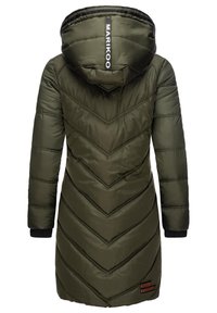 Olive green puffer coat with a chevron design, a hood, and ribbed cuffs. Features a branded tag on the back. Smooth, insulated texture.