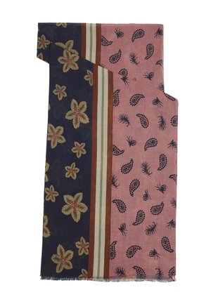 Szalik z dwoma głównymi panelami: granatowy z beżowymi i czerwonymi kwiatami oraz różowy z granatowymi wzorami paisley i kwiatowymi, oddzielone pasami w paski.