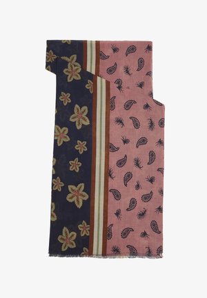 Scarf with two main panels: navy blue featuring beige and red flowers, and pink with navy blue paisley and floral motifs, separated by striped bands.