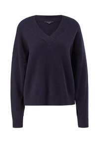 Navyblauwe oversized trui met een V-hals, geribbelde halslijn en manchetten, en een zachte textuur. Ontspannen pasvorm met verlaagde schoudernaad.