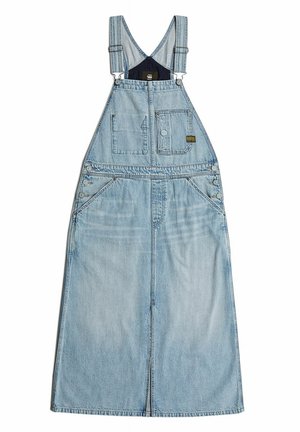 Light blue denim overall dress with a scoop neck, adjustable straps, front pocket, button accents, and a straight, loose-fit silhouette.