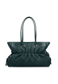 Sac cabas en cuir vert foncé avec détails froncés, double bandoulière et accents en métal doré. Texture lisse et forme arrondie.