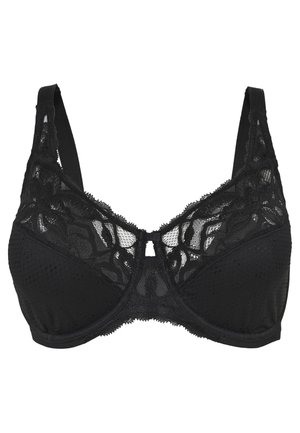 Sutiã preto com sobreposição de renda, padrão floral e alças ajustáveis. Costura horizontal abaixo das copas e detalhe em forma de chave no centro.