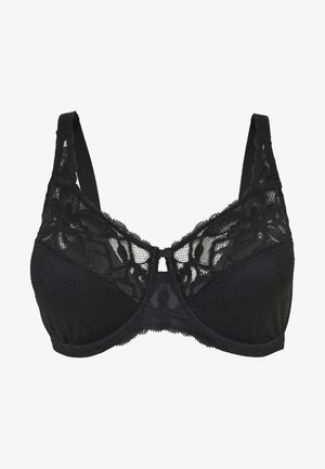 Sutiã preto com sobreposição de renda, padrão floral e alças ajustáveis. Costura horizontal abaixo das copas e detalhe em forma de chave no centro.